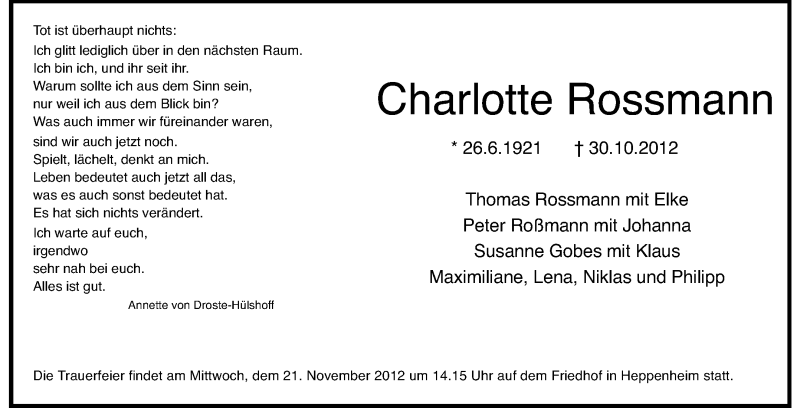  Traueranzeige für Charlotte Rossmann vom 17.11.2012 aus Starkenburger Echo