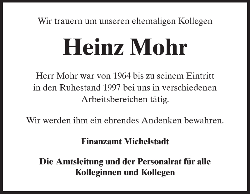  Traueranzeige für Heinz Mohr vom 16.11.2012 aus Odenwälder Echo