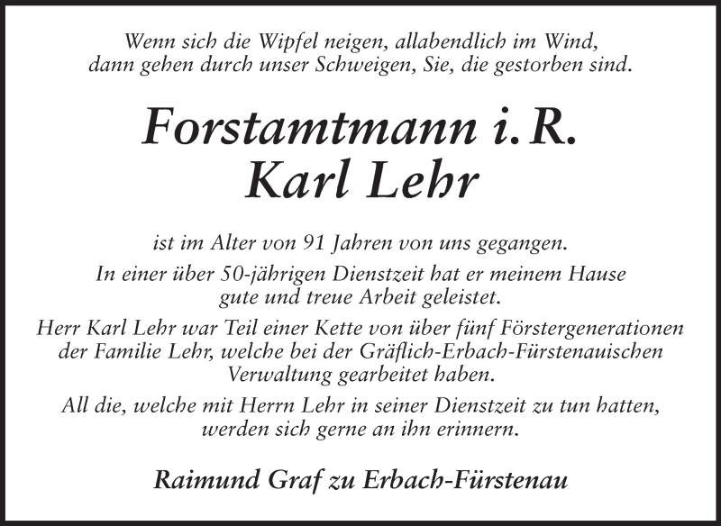  Traueranzeige für Karl Lehr vom 17.11.2012 aus Odenwälder Echo