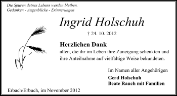 Traueranzeige von Ingrid Holschuh von Odenwälder Echo