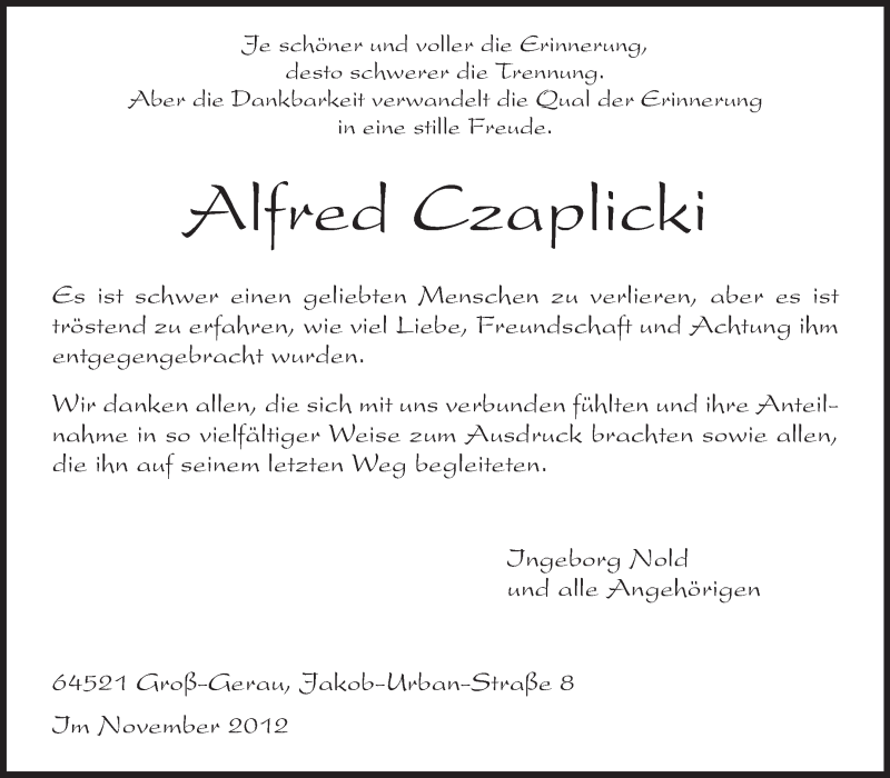  Traueranzeige für Alfred Czaplicki vom 24.11.2012 aus Rüsselsheimer Echo, Groß-Gerauer-Echo, Ried Echo
