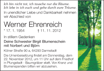 Traueranzeige von Werner Ehrenreich von Echo-Zeitungen (Gesamtausgabe)