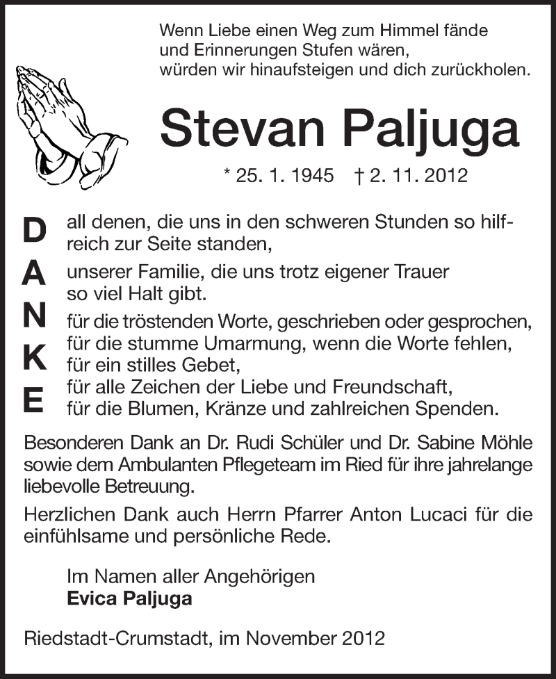  Traueranzeige für Stevan Paljuga vom 17.11.2012 aus Echo-Zeitungen (Gesamtausgabe)