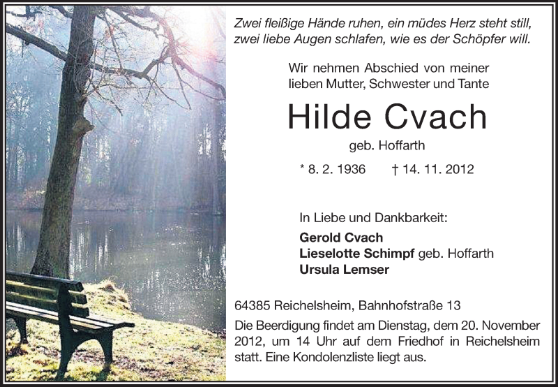  Traueranzeige für Hilde Cvach vom 17.11.2012 aus Odenwälder Echo