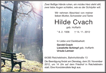Traueranzeige von Hilde Cvach von Odenwälder Echo