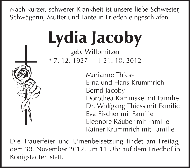  Traueranzeige für Lydia Jacoby vom 24.11.2012 aus Rüsselsheimer Echo, Groß-Gerauer-Echo, Ried Echo