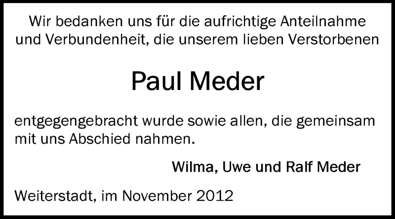  Traueranzeige für Paul Meder vom 23.11.2012 aus Echo-Zeitungen (Gesamtausgabe)
