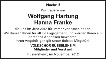 Traueranzeige von Wolfgang Hartung von Rüsselsheimer Echo, Groß-Gerauer-Echo, Ried Echo