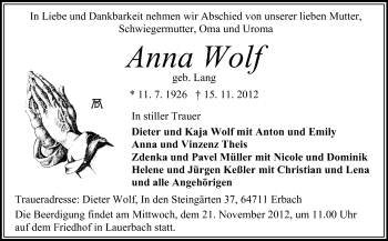 Traueranzeige von Anna Wolf von Odenwälder Echo