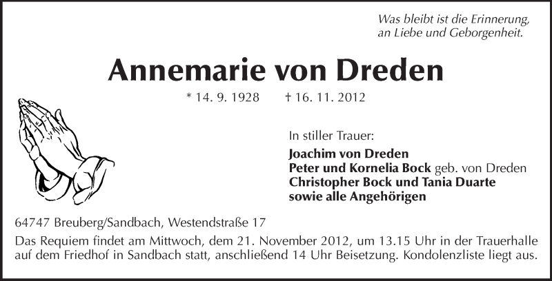  Traueranzeige für Annemarie von Dreden vom 19.11.2012 aus Odenwälder Echo
