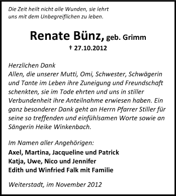 Traueranzeige von Renate Bünz von Echo-Zeitungen (Gesamtausgabe)