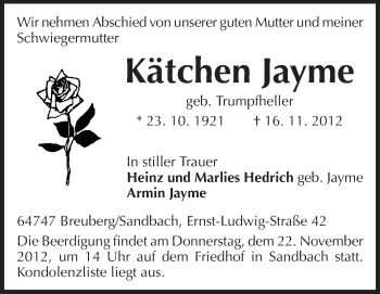 Traueranzeige von Kätchen Jayme von Odenwälder Echo