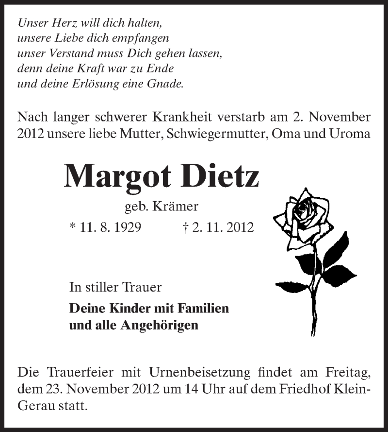 Traueranzeige für Margot Dietz vom 20.11.2012 aus Rüsselsheimer Echo, Groß-Gerauer-Echo, Ried Echo