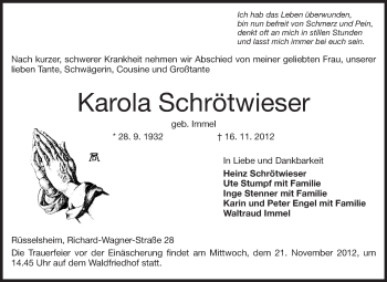Traueranzeige von Karola Schrötwieser von Rüsselsheimer Echo, Groß-Gerauer-Echo, Ried Echo