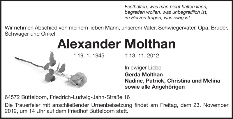  Traueranzeige für Alexander Molthan vom 21.11.2012 aus Rüsselsheimer Echo, Groß-Gerauer-Echo, Ried Echo