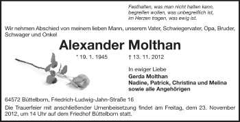 Traueranzeige von Alexander Molthan von Rüsselsheimer Echo, Groß-Gerauer-Echo, Ried Echo