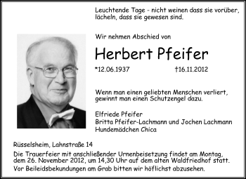 Traueranzeige von Herbert Pfeifer von Rüsselsheimer Echo, Groß-Gerauer-Echo, Ried Echo