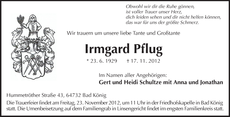  Traueranzeige für Irmgard Pflug vom 21.11.2012 aus Echo-Zeitungen (Gesamtausgabe)