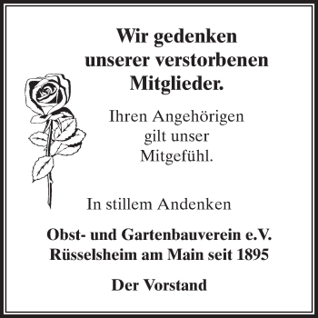 Traueranzeige von Obst- und Gartenbauverein Gedenken von Rüsselsheimer Echo, Groß-Gerauer-Echo, Ried Echo