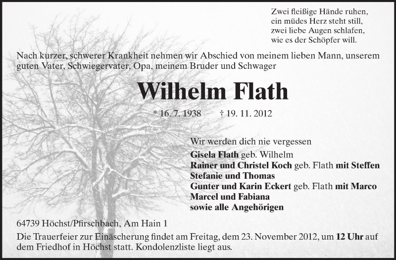  Traueranzeige für Wilhelm Flath vom 21.11.2012 aus Odenwälder Echo