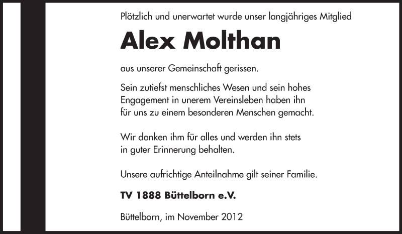  Traueranzeige für Alex Molthan vom 21.11.2012 aus Rüsselsheimer Echo, Groß-Gerauer-Echo, Ried Echo