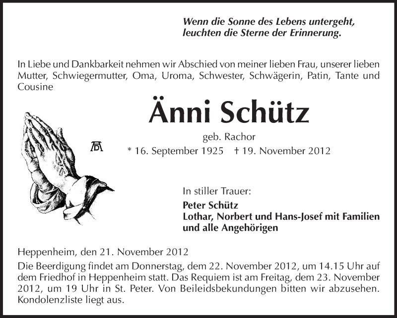  Traueranzeige für Änni Schütz vom 21.11.2012 aus Starkenburger Echo