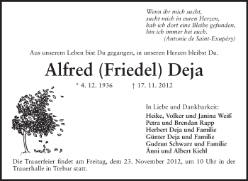 Traueranzeige von Alfred Deja von Rüsselsheimer Echo, Groß-Gerauer-Echo, Ried Echo