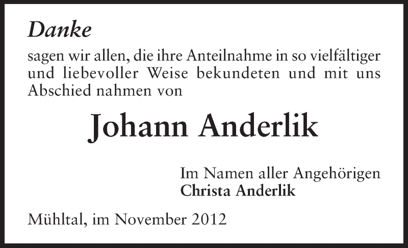  Traueranzeige für Johann Anderlik vom 24.11.2012 aus Echo-Zeitungen (Gesamtausgabe)