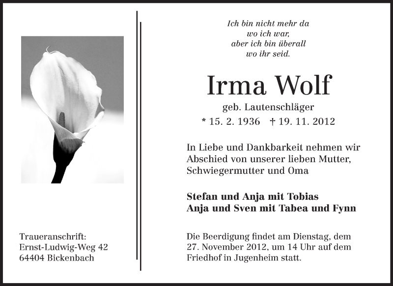  Traueranzeige für Irma Wolf vom 22.11.2012 aus Echo-Zeitungen (Gesamtausgabe)