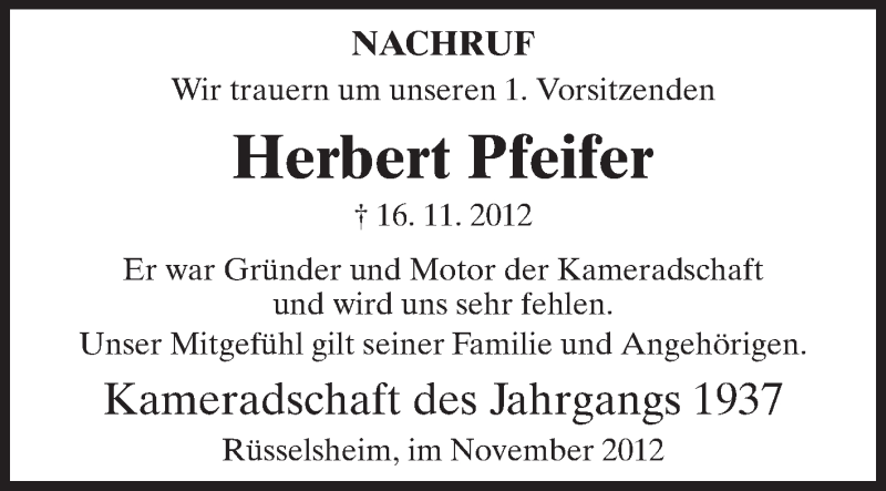  Traueranzeige für Herbert Pfeifer vom 21.11.2012 aus Rüsselsheimer Echo, Groß-Gerauer-Echo, Ried Echo