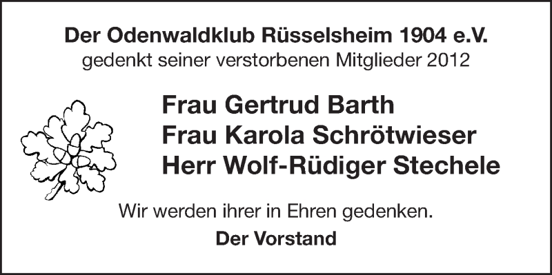  Traueranzeige für Odenwaldklub Rüsselsheim 1904 Gedenken vom 24.11.2012 aus Rüsselsheimer Echo, Groß-Gerauer-Echo, Ried Echo