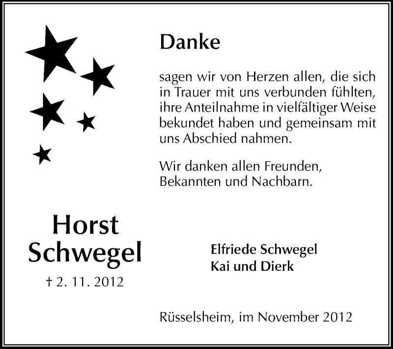  Traueranzeige für Horst Schwegel vom 24.11.2012 aus Rüsselsheimer Echo, Groß-Gerauer-Echo, Ried Echo