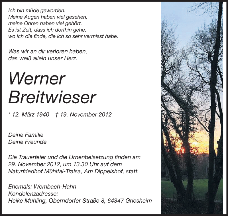  Traueranzeige für Werner Breitwieser vom 24.11.2012 aus Echo-Zeitungen (Gesamtausgabe)