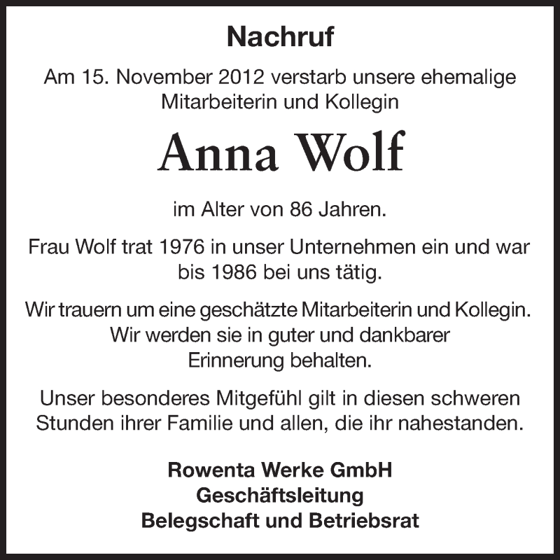  Traueranzeige für Anna Wolf vom 23.11.2012 aus Echo-Zeitungen (Gesamtausgabe)
