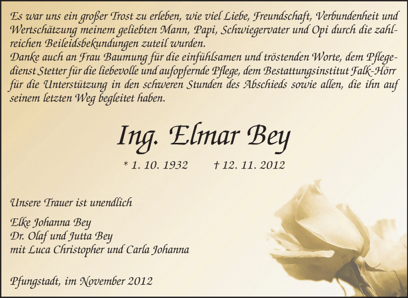  Traueranzeige für Elmar Bey  vom 24.11.2012 aus Echo-Zeitungen (Gesamtausgabe)