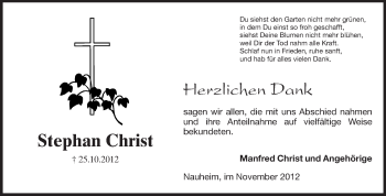 Traueranzeige von Stephan Christ von Rüsselsheimer Echo, Groß-Gerauer-Echo, Ried Echo