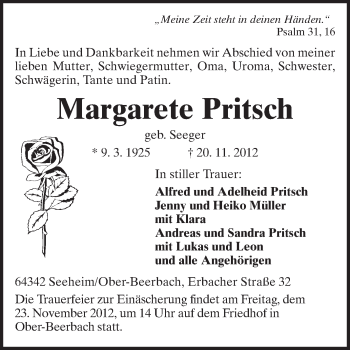 Traueranzeige von Margarete Pritsch von Echo-Zeitungen (Gesamtausgabe)