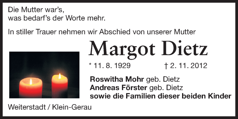  Traueranzeige für Margot Dietz vom 24.11.2012 aus Darmstädter Echo, Odenwälder Echo, Rüsselsheimer Echo, Groß-Gerauer-Echo, Ried Echo