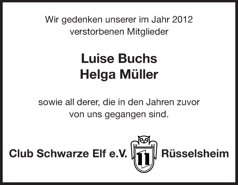  Traueranzeige für Club Schwarze Elf Gedenken vom 24.11.2012 aus Rüsselsheimer Echo, Groß-Gerauer-Echo, Ried Echo