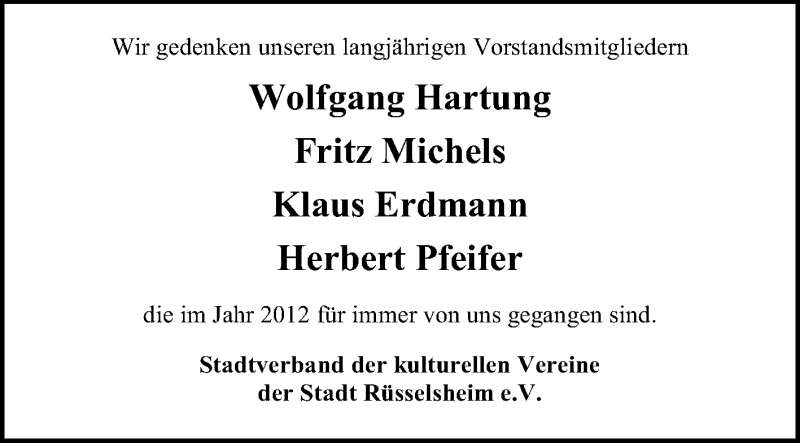  Traueranzeige für Stadtverband der kulturellen Vereine Gedenken vom 24.11.2012 aus Rüsselsheimer Echo, Groß-Gerauer-Echo, Ried Echo