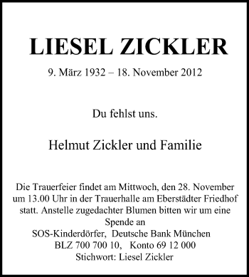 Traueranzeige von Liesel Zickler von Echo-Zeitungen (Gesamtausgabe)