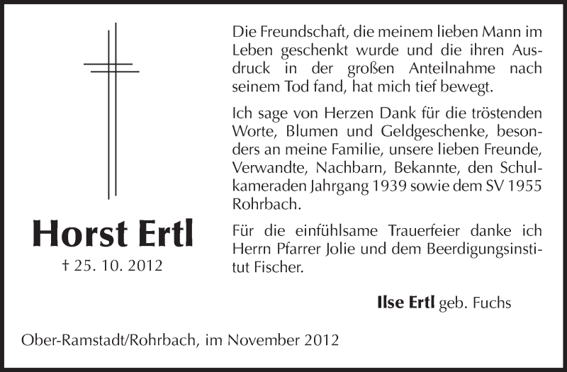  Traueranzeige für Horst Ertl vom 24.11.2012 aus Echo-Zeitungen (Gesamtausgabe)