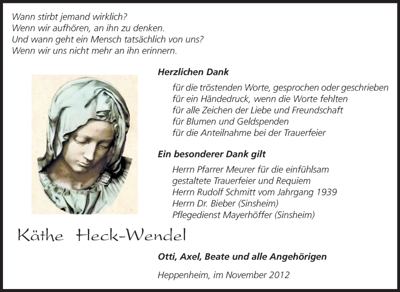  Traueranzeige für Käthe Heck-Wendel vom 24.11.2012 aus Starkenburger Echo