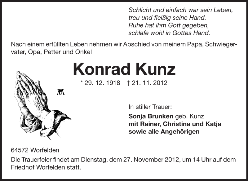  Traueranzeige für Konrad Kunz vom 23.11.2012 aus Rüsselsheimer Echo, Groß-Gerauer-Echo, Ried Echo