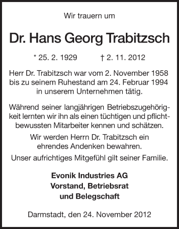 Traueranzeige von Hans Georg Trabitzsch von Echo-Zeitungen (Gesamtausgabe)