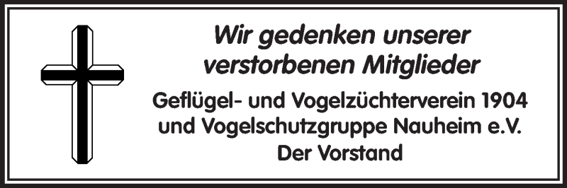  Traueranzeige für Geflügel- und Vogelzüchterverein 1904 Gedenken vom 24.11.2012 aus Rüsselsheimer Echo, Groß-Gerauer-Echo, Ried Echo