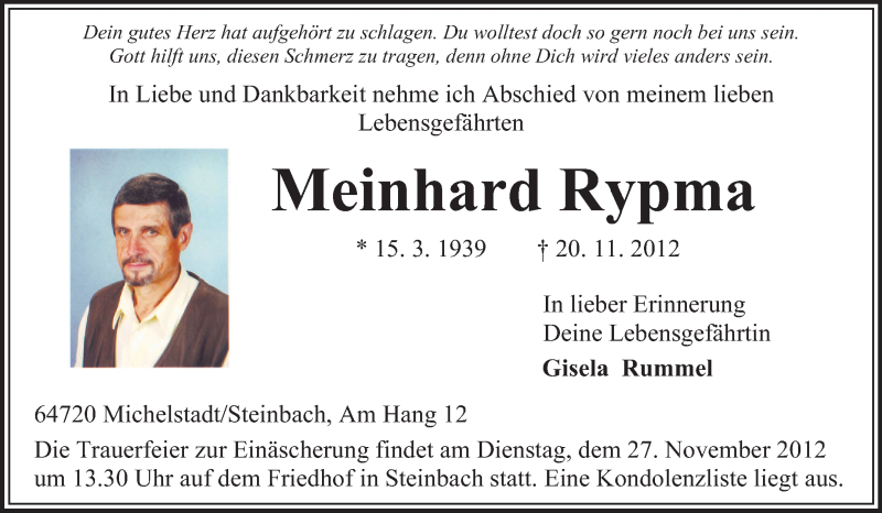  Traueranzeige für Meinhard Rypma vom 24.11.2012 aus Odenwälder Echo
