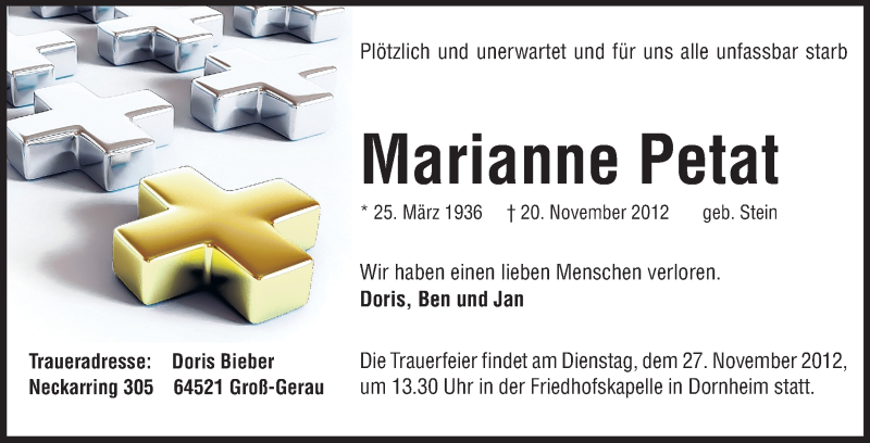  Traueranzeige für Marianne Petat vom 24.11.2012 aus Rüsselsheimer Echo, Groß-Gerauer-Echo, Ried Echo