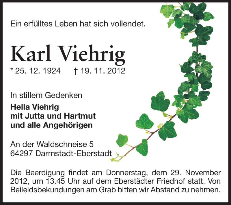  Traueranzeige für Karl Viehrig vom 24.11.2012 aus Echo-Zeitungen (Gesamtausgabe)