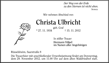 Traueranzeige von Christa Ulbricht von Rüsselsheimer Echo, Groß-Gerauer-Echo, Ried Echo